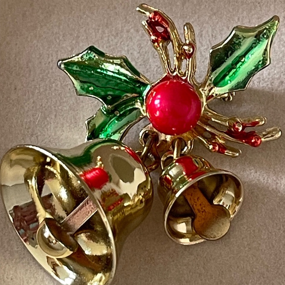 Vintage Christmas Bell Brooch Gold Tone Double Bell Green Enamel Holly Red Berry